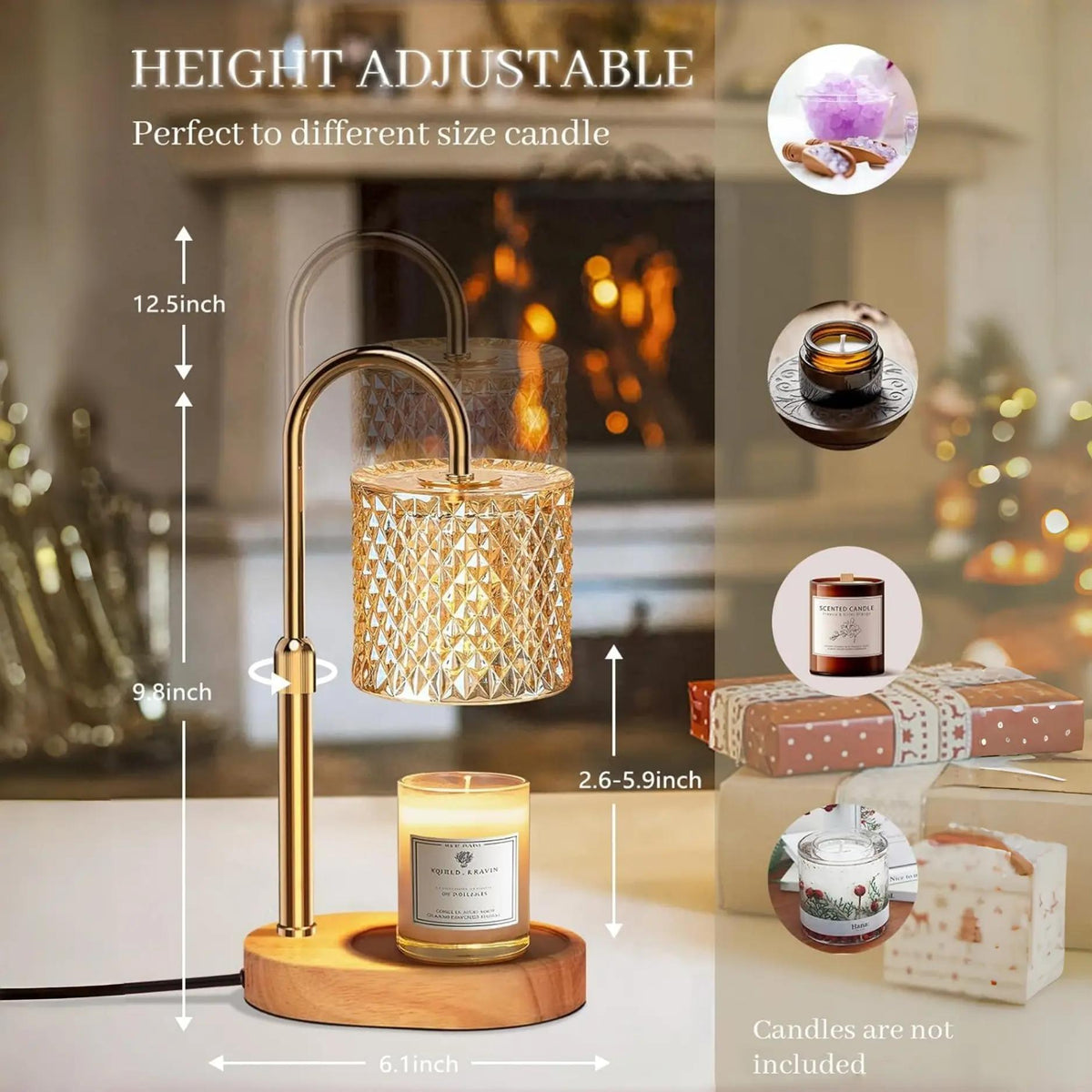 UK SELER Electric Candle Lamp Warmer with Timer Dimmer, Adjustable Height, Gold Wooden Base, Perfect Home Decor Gift