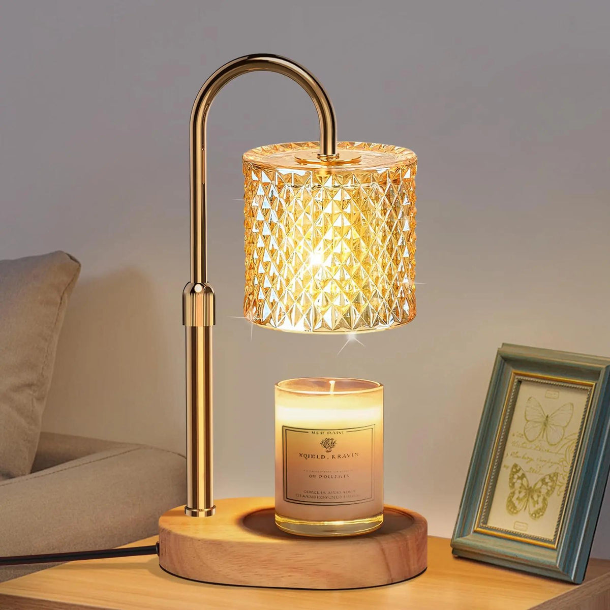 UK SELER Electric Candle Lamp Warmer with Timer Dimmer, Adjustable Height, Gold Wooden Base, Perfect Home Decor Gift